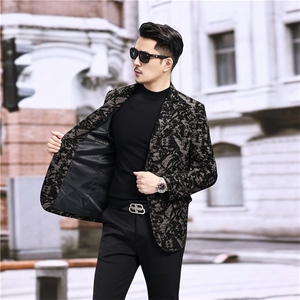 春秋款男士绵羊皮西服真皮休闲外套中年男装百搭通勤夹克地图纹图片