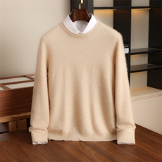 秋冬季新款舒适时尚百搭12针一线成衣包边圆领男士衫，男装羊绒套衫，伊绒腾羊绒