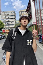 1港风情侣贴布绣衬衫大码M-5XL网红潮短袖衬衫DSC7767特P35控58，男装T恤，星座226-2