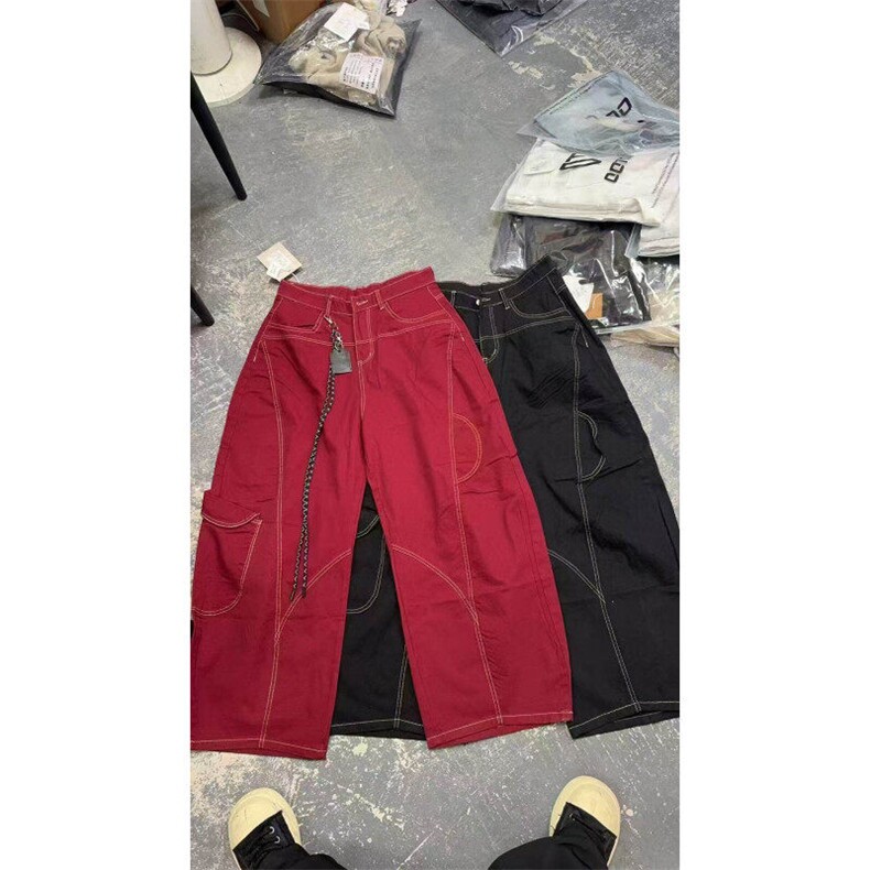 原版高质量春季新款新年红色牛仔裤男女潮解构弯刀宽松拖地长裤,男装牛仔裤,星座613