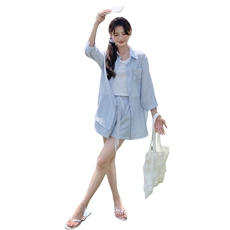 防晒蓝色衬衫背心短裤套装女夏2025新款独特绝美漂亮三件套巨好看，女装套装/套裙，2C271