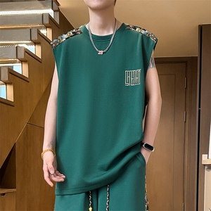 菠萝格刺绣背心男夏季无袖T恤上衣潮男士体恤拼接A266-BX022-P18图片