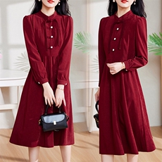 现货-新品】春装新款连衣裙2024年高腰红色气质旗袍长袖中长款裙，女装连衣裙，仁梯