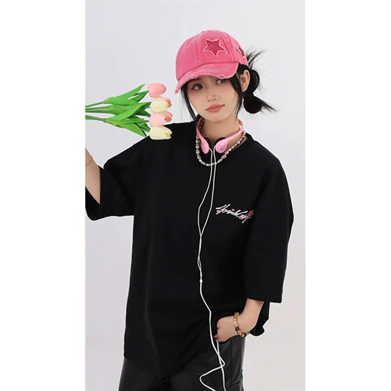 网图有货夏季美式手写花卉刺绣短袖T恤男女情侣宽松上衣A480-P35,男装T恤,星座1505