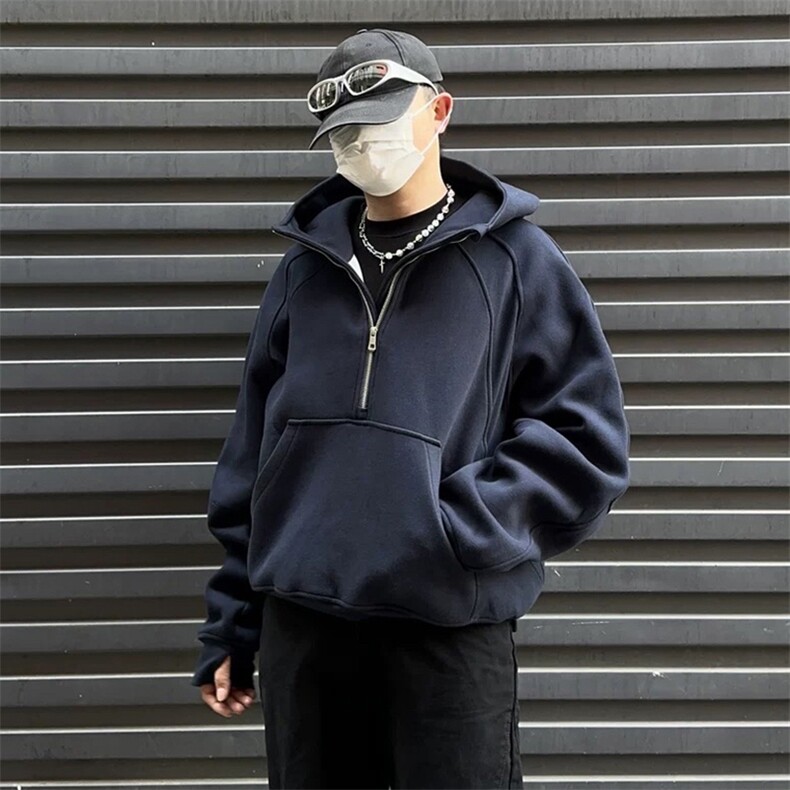 抖音得物二开美式重磅宽松结构拉链设计防风高领连帽卫衣外套W76,男装卫衣,电商A486