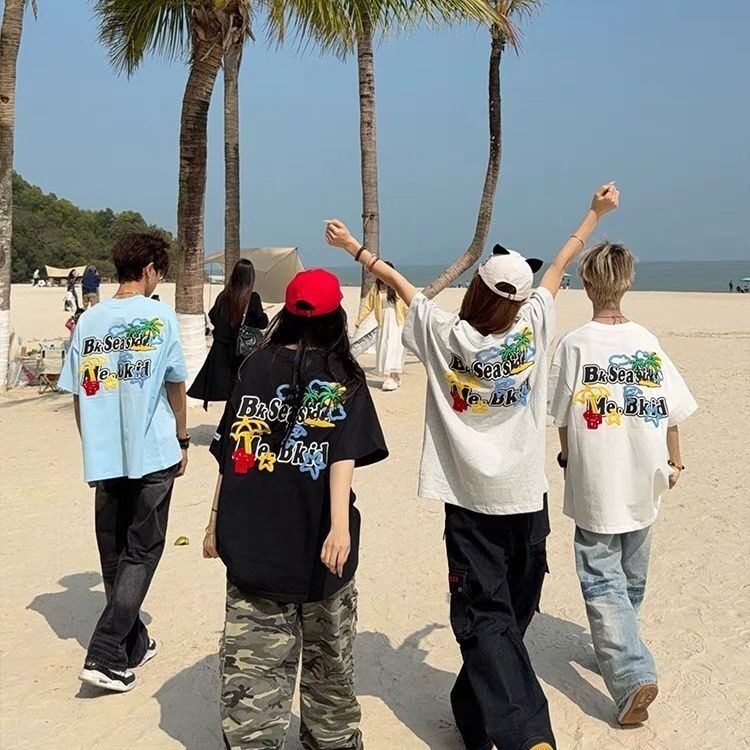 Q346-P42美式复古字母椰树刺绣短袖T恤男女潮夏季情侣上衣,男装T恤,星座911-1