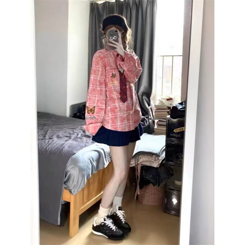 DB252-P55美式蝴蝶刺绣格子衬衫长袖男女宽松情侣衬衣-网图现货,男装衬衫,星座603-2