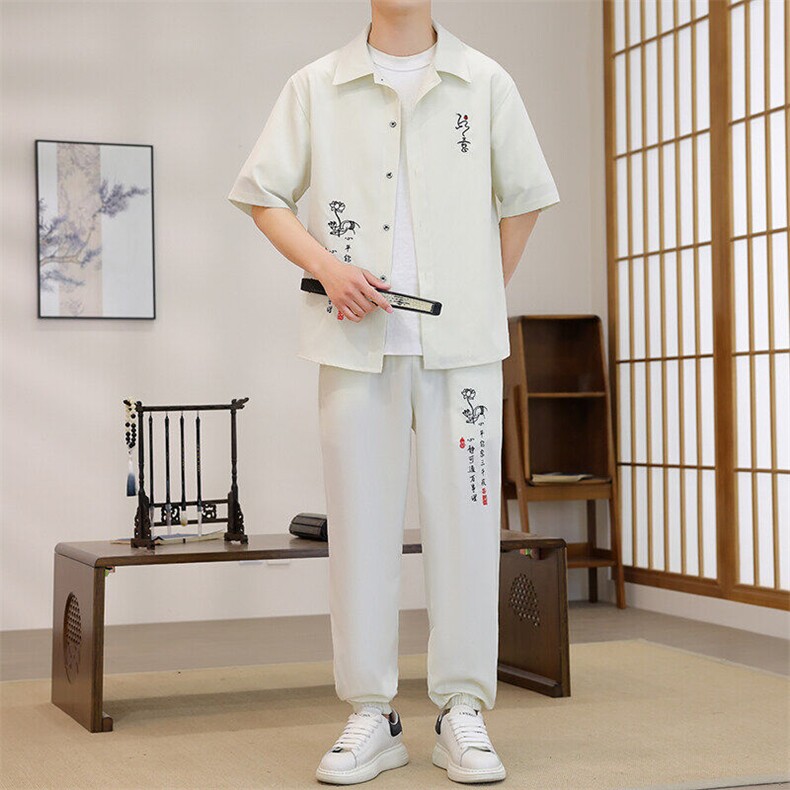 新中式风夏季男士新款短袖套装潮衬衫长裤两件套,男装T恤,星座1206（原A206）