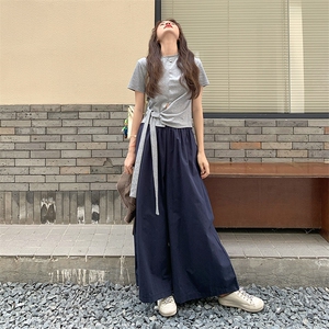 设计感不规则短袖套装女2025夏新款休闲系带上衣显瘦阔腿裤套装女图片