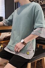 A003-HT002-P20夏季新款黄色笑脸假两件休闲短袖T恤1港仔风，男装T恤，电商A003