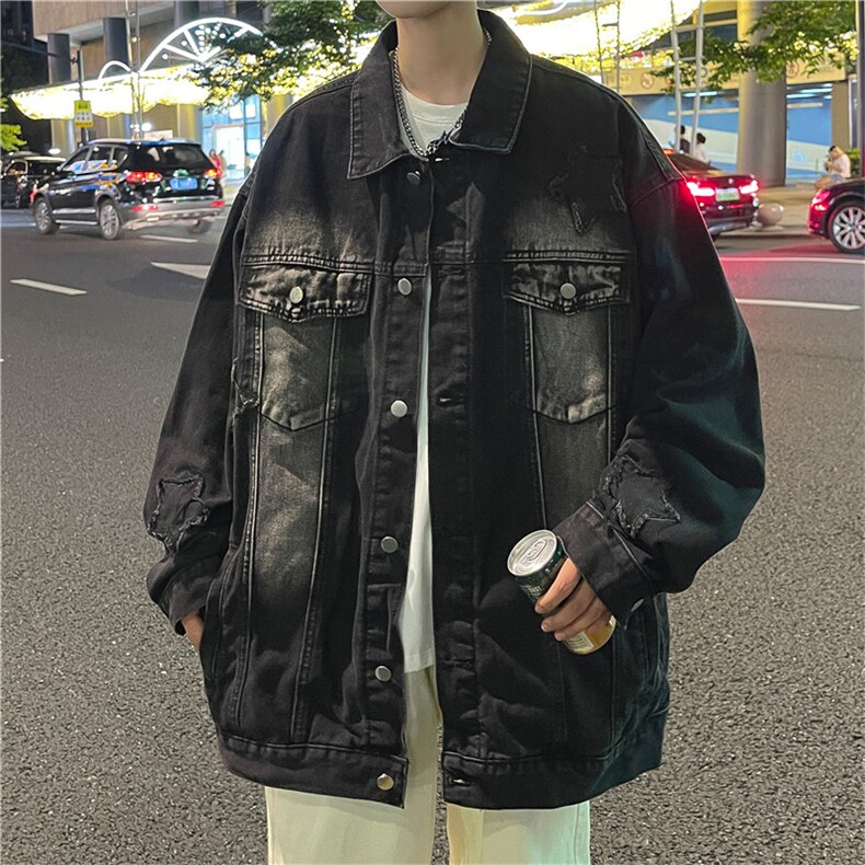 A825-P62 美式复古水洗做旧牛仔外套男潮流宽松百搭情侣夹克上衣图片