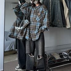 长袖格子衬衫男女少年感穿搭日系复古高街潮牌休闲衬衣外套情侣，男装衬衫，星座506A