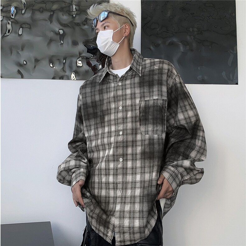 CS1386 2025秋季复古衬衫男脏染格子衬衣外套oversize宽松情侣图片