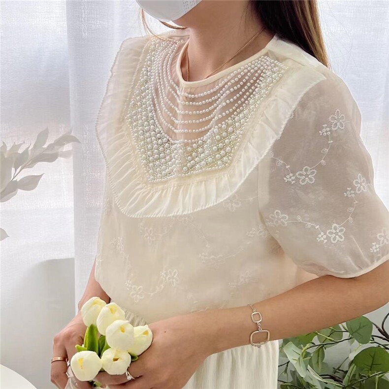 珍珠领蕾丝上衣，其它，PURE