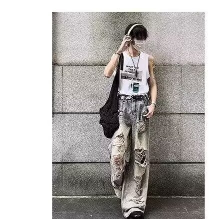 美式高个夏季破洞牛仔裤男泥染做旧高街废土风裤子阔腿拖地乞丐裤图片