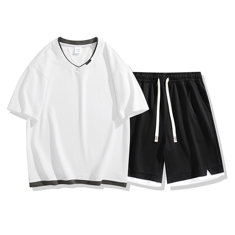 夏季运动套装日系白底休闲百搭时尚短套装CK2410+TC3138-P59控89,男装休闲套装,星座717