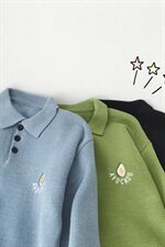软奶蓝毛衣宽松女慵懒风polo翻领2021新款秋复古牛油果绿色针织衫，女装针织衫/毛衣，电商D310（原电商305）