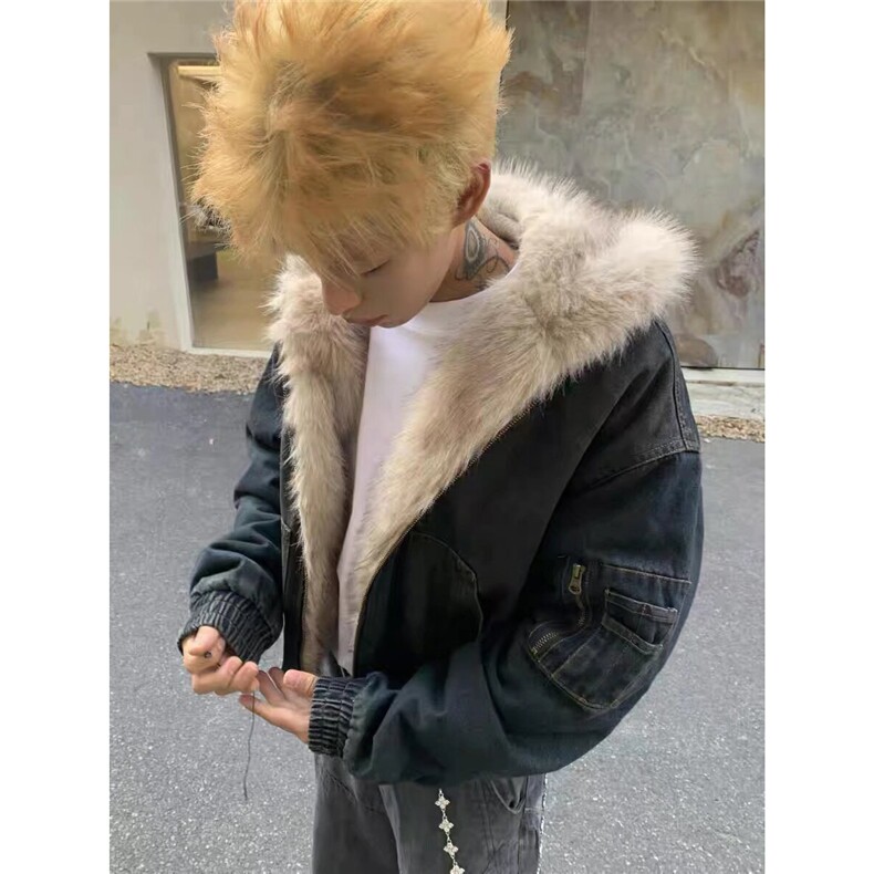 美式连帽牛仔棉服男女水洗重磅座山雕毛领复古加绒加厚夹克外套潮,男装夹克,四季星座505