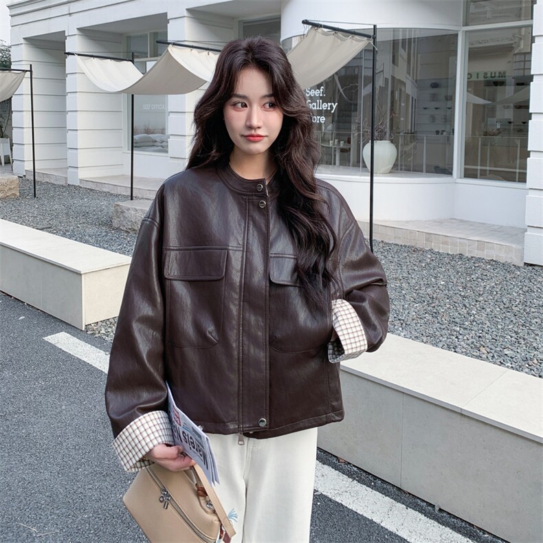 【现货】26新款春季皮衣咖色长袖外套2C215-P155-K248,女装皮衣,2C215