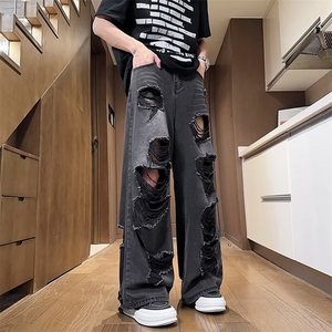 破洞乞丐牛仔裤男款夏季潮牌宽松做旧阔腿裤直筒拖地裤子 N656图片