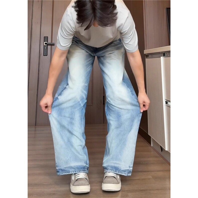 蓝色牛仔裤男款早秋季美式高街穿搭裤子痞帅小众炸街裤,男装牛仔裤,星座506A
