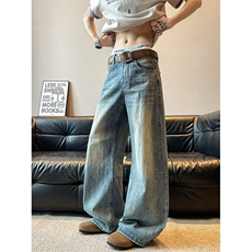 美式高街竹节做旧弯刀牛仔裤男直筒微喇阔腿长裤子春夏NK0229-P60，男装牛仔裤，星座308B-1