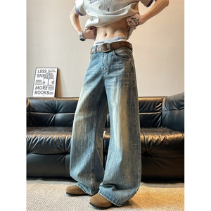 美式高街竹节做旧弯刀牛仔裤男直筒微喇阔腿长裤子春夏NK0229-P60图片