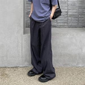 现货高品质老钱风美式弯刀阔腿裤薄款泡泡格纹男女长裤图片