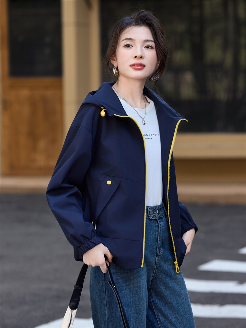 2026年春季新款宽松连帽纯色短外套夹克,女装短外套,简韵佳