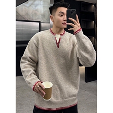 碳黑色美式假两件手缝线v领毛衣男冬季慵懒撞色针织衫MLR312，男装针织衫/毛衣，星座1116A（原606A-3）
