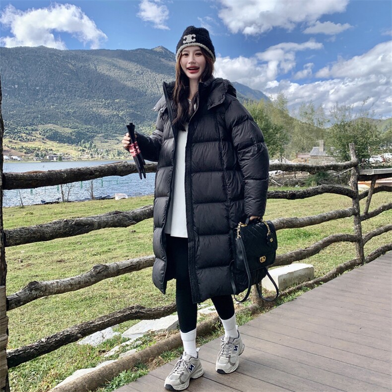 黑色长款连帽羽绒服女冬季2025新款韩系高级感加厚保暖白鸭绒外套,女装羽绒服,2C168