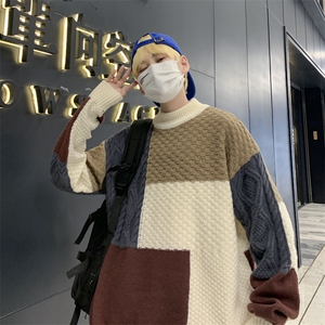 秋冬撞色拼接宽松毛衣外套男ins外穿针织衫潮牌线衣MY0224-P45图片