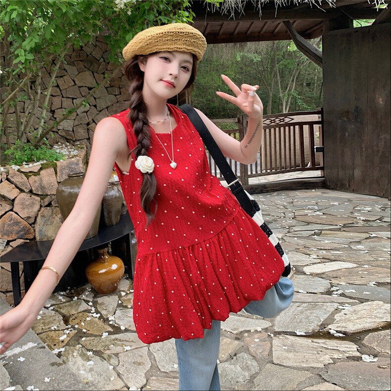 甜美度假风波点红色无袖背心连衣裙女夏2025新款小个子温柔风裙子图片