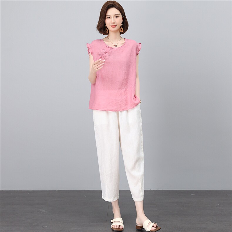 棉麻套装女2026夏季新款中年妈妈洋气减龄苎麻条纹衬衫休闲两件套,女装套装/套裙,独衣靓