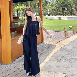 藏青色氛围感辣妹牛仔吊带背心套装女夏新款洋气薄款阔腿裤两件套图片