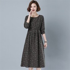 2025年秋季长袖宽松收腰棉衬衣女连衣裙裙小碎花文艺范休闲裙子，女装连衣裙，风姿绰