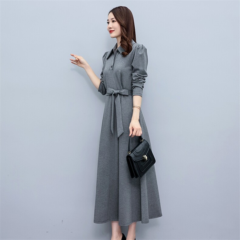 高级感长袖衬衫连衣裙女2023春秋新款高端气质修身显瘦过膝长裙子,女装大码女装,琦鑫阁（原依鑫阁）
