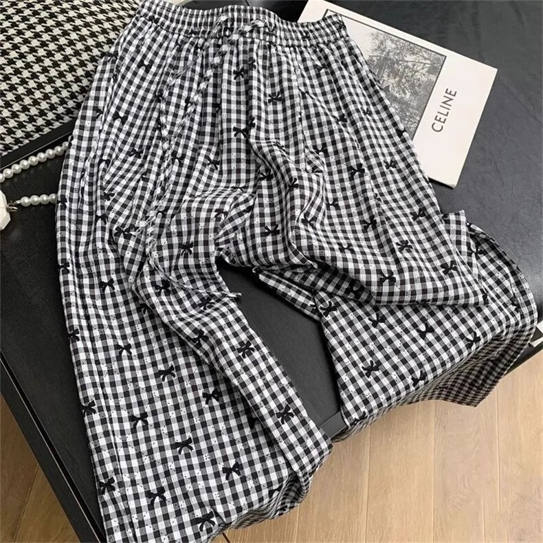 AK2494-p30复古格子蝴蝶结刺绣休闲裤女2026夏季新款阔腿裤裤子,女装休闲裤,星座617A-2