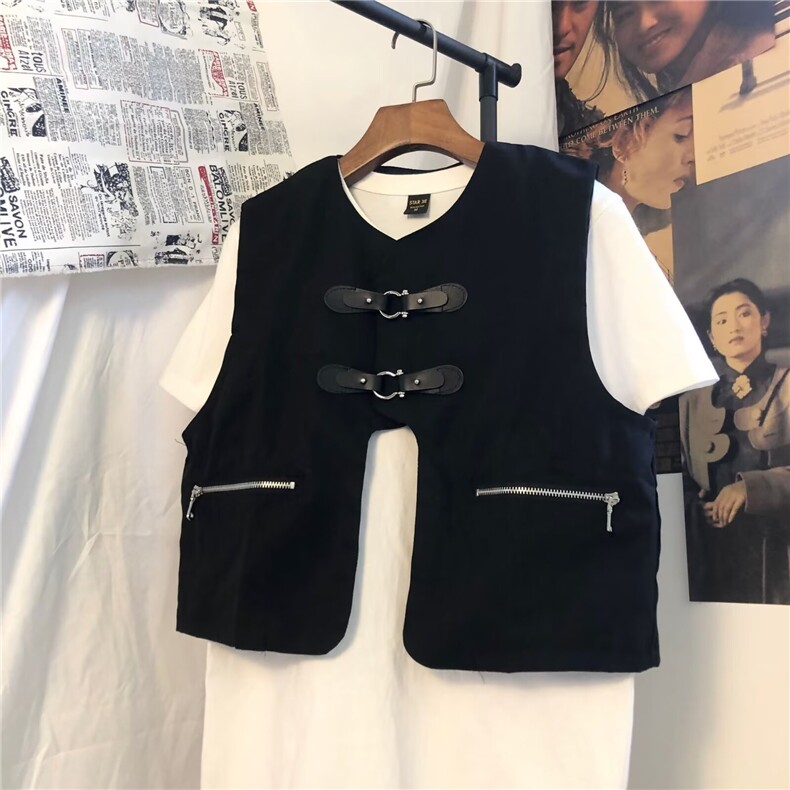 W10885-P40网图现货工装马甲外套小众叠穿金属皮扣坎肩背心,男装背心/马甲,星座1608