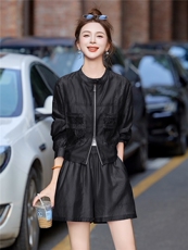 夏季时尚轻薄防晒套装女2025新款宽松休闲长袖立领衬衫短裤两件套，女装套装/套裙，尚娜萱