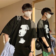 2024年新款男士宽松港风人脸抽象印花大码T恤A071-5520-P28，男装T恤，电商A071