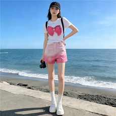 简约个性休闲时尚套装女夏新款刺绣蝴蝶结上衣粉色牛仔短裤两件套，女装套装/套裙，江南