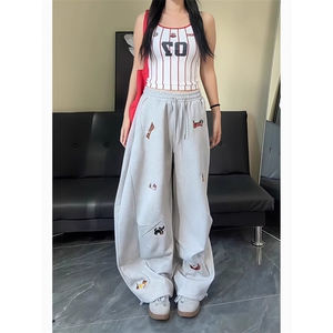 美式覆古趣味印花灰色弯刀裤女2025秋季新款街头辣妹廓形休闲裤子图片