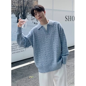 春秋情侣装复古百搭宽松慵懒假两件V领撞色针织毛衣男 MV19图片