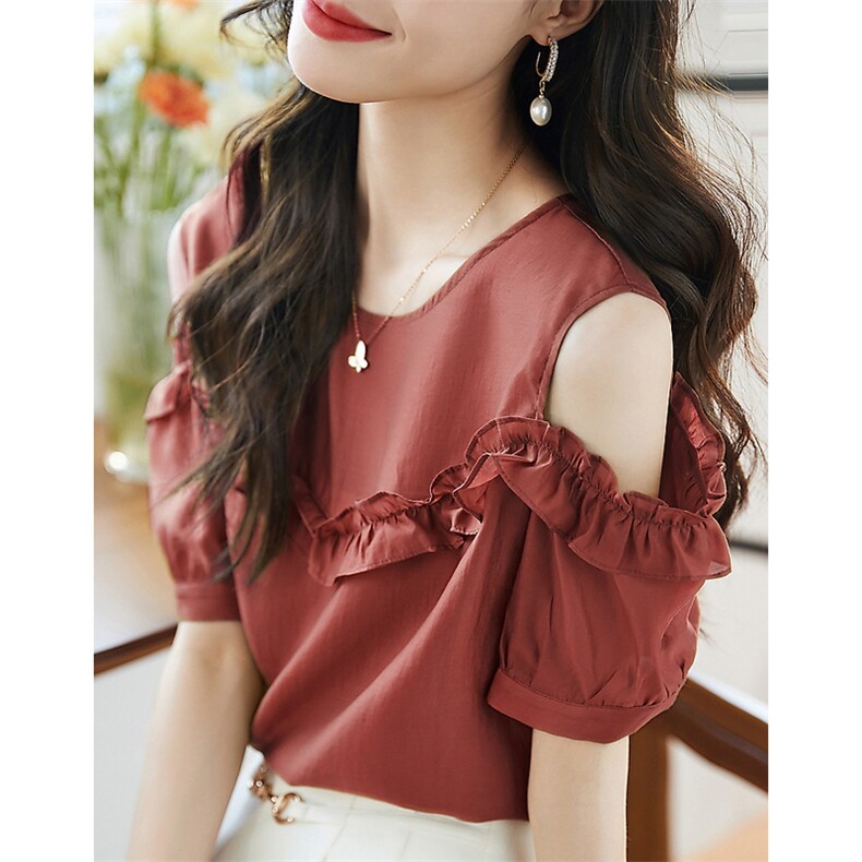 简约荷叶边衬衣夏圆领露肩天丝薄款透气百搭衬衫，女装蕾丝衫/雪纺衫，美吧服饰