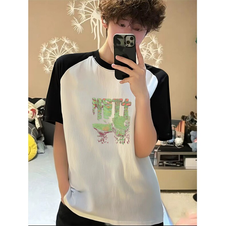 抖音得物高品质二开240克宽松纯棉美式潮牌插肩袖拼接短袖T恤，男装T恤，电商A486