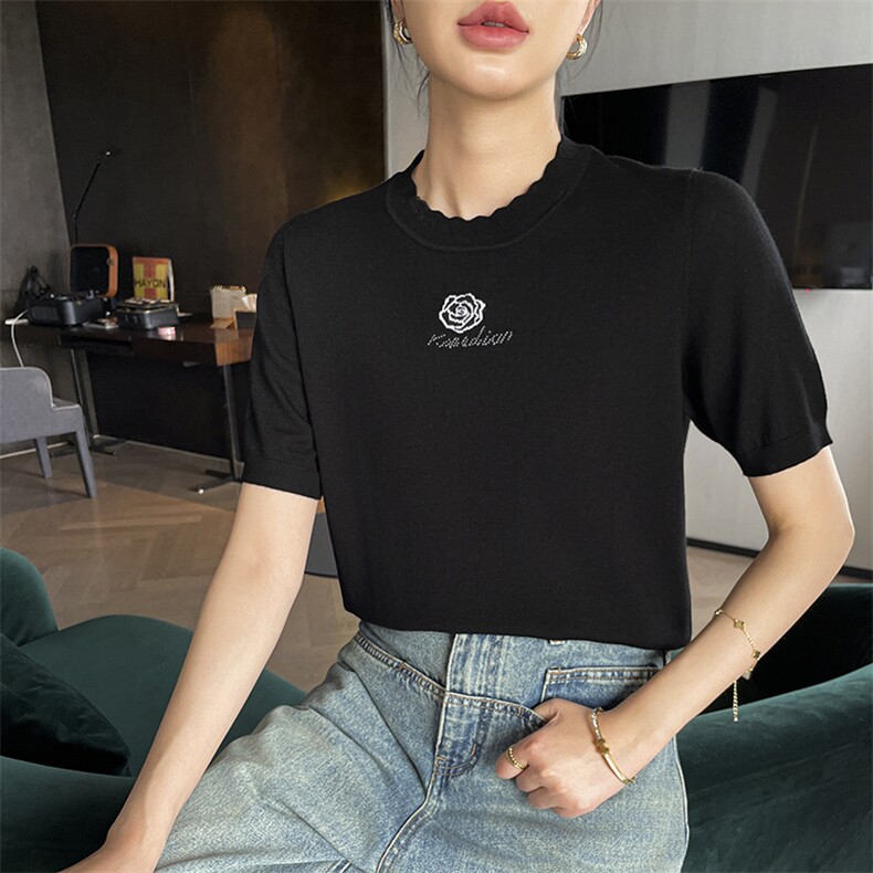 18针扬子纱精纺100纯羊毛圆领针织短袖T恤打底衫女宽松休闲通勤薄，女装T恤，玖雪绒羊绒