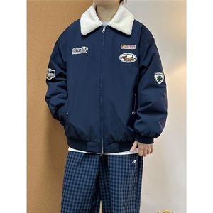 冬季学院风刺绣羊羔绒翻领棉衣男冬季宽松情侣保暖棉服NMY09图片