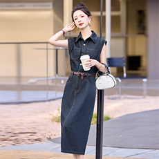 休闲牛仔连衣裙女2024夏季新款时尚无袖薄款轻奢高级感收腰裙子潮，女装连衣裙，沁沁公主