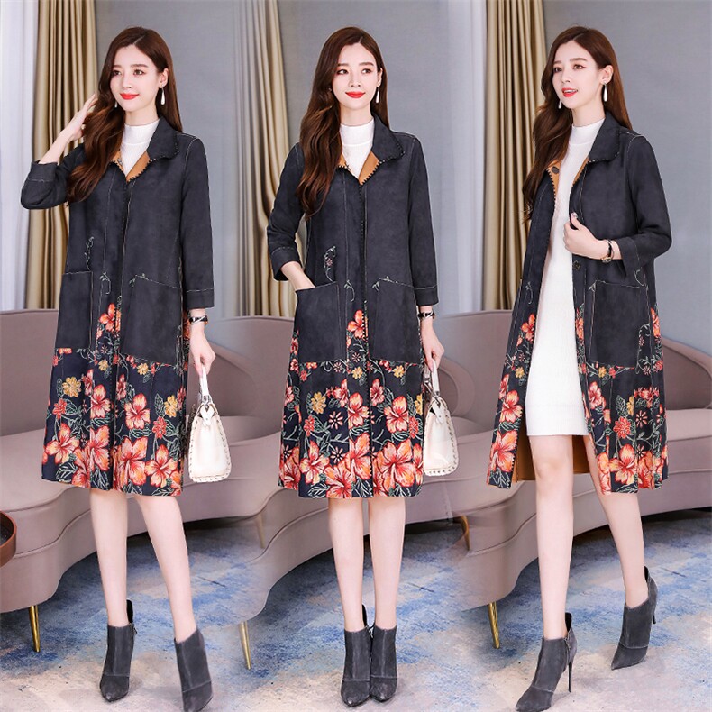 排扣时尚显瘦百搭中长款2021年秋季印花麂皮绒风衣，女装风衣，香香